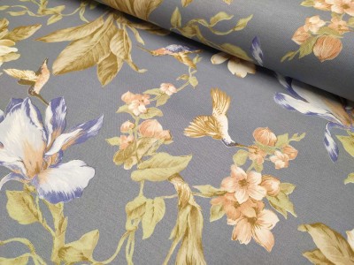 160145 - 65 Хидрофобиран плат с колибри и цветя на синя основа