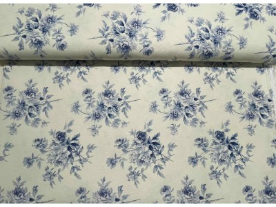 DG1451 - 03A Плътен плат със сини цветя на кремава основа