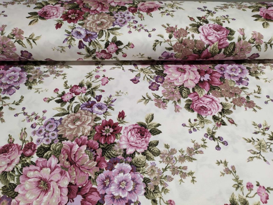 G - 12769/ 10  Хидрофобиран плат  с лилави цветя, подходящ за завеси, дамаски, покривки, тишлайфери, салфетки, чанти.