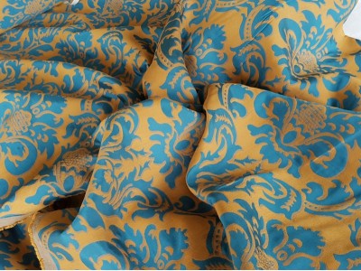 4068 - 2 Плат за завеса с барокова шарка златно и светло синьо